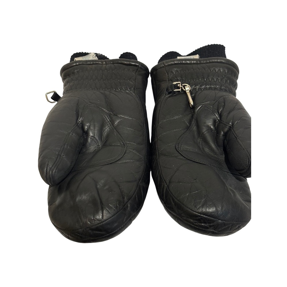 Roffe Vintage Black Leather Quilted Ski Mittens Ladies Sz L Japan retro warm 70s - Picture 2 of 6